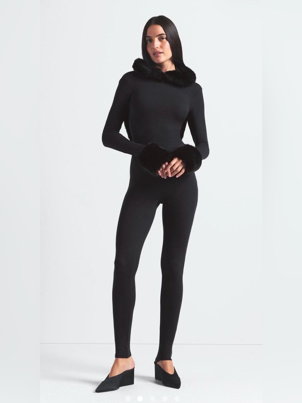 NWT SKIMS Cloud Jumpsuit Onyx Black Faux Fur Hood Open Back Bow S